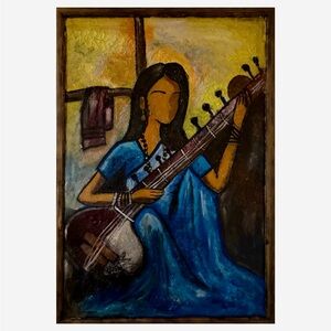 Blue and Brown Sitar Player Art
